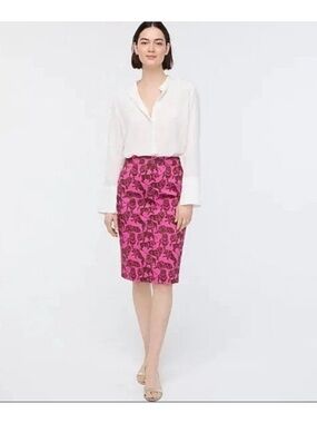 J Crew No. 2 Pencil Skirt Sleepy Lion Print Hot Pink Brown Kitschy Size 6 Tall